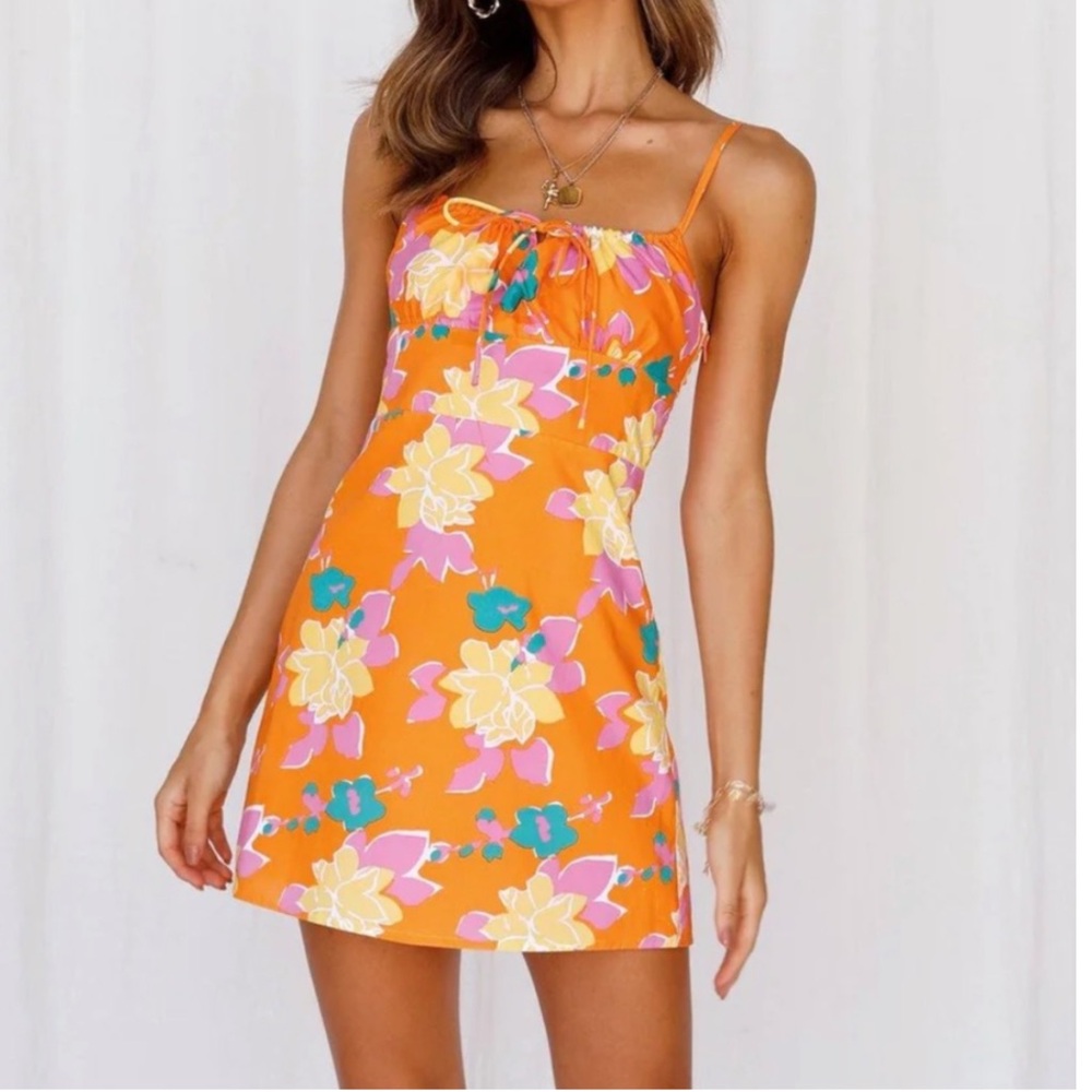 Hello Molly Fresh Lemonade Mini Dress Size XS 2 Orange Floral - Picture 3 of 10